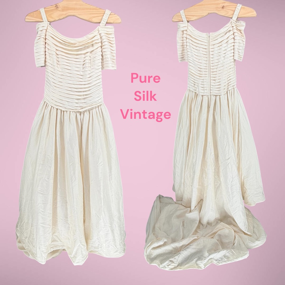 Pure Silk Vintage Gown 16 Ivory Off Shoulder Ruched Pleated Ballgown 1846